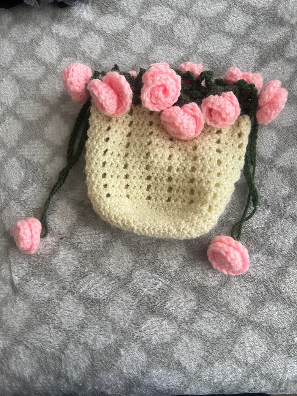 Handmade Cream and Pink Crochet Mini Bag with Floral Accents